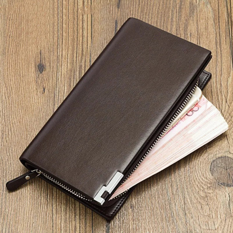 Men's black multifunctional zippered wallet made from PU leather