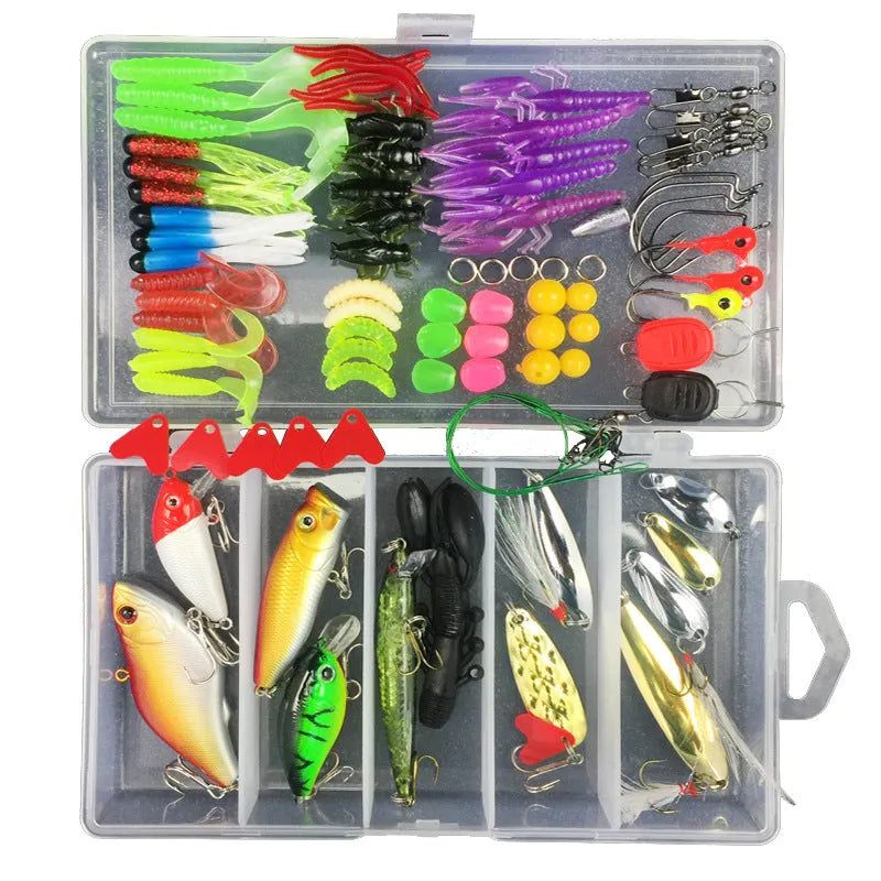 Junior entry-level fishing lure suit set in a hard black PP plastic storage box with multiple lures visible.