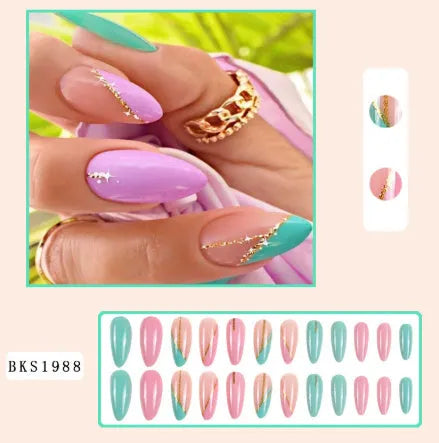 Wear Armour Medium Almond Frosted Nail Stickers set showing four patterns: French leaf, colourful plating, macaron, and leopard print.