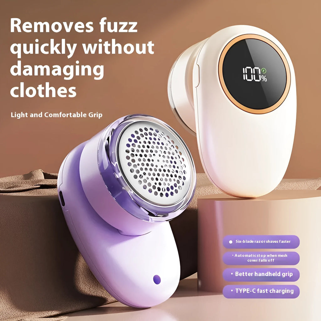 USB rechargeable fur ball trimmer with digital display, shown in beige and purple colour options with multiple cutter head configurations.