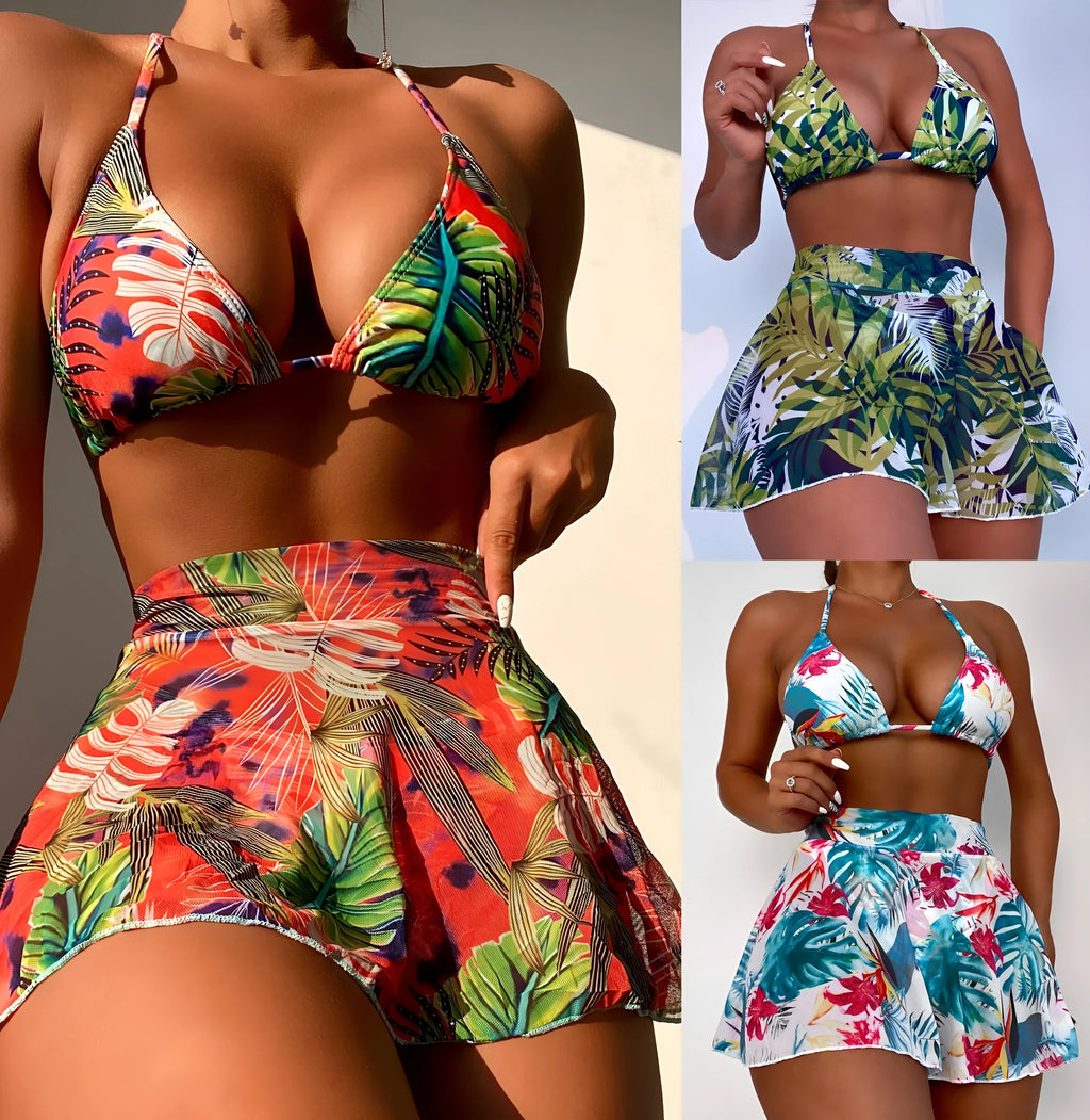 Big flower leaf print three piece swimsuit bikini set in polyester fabric