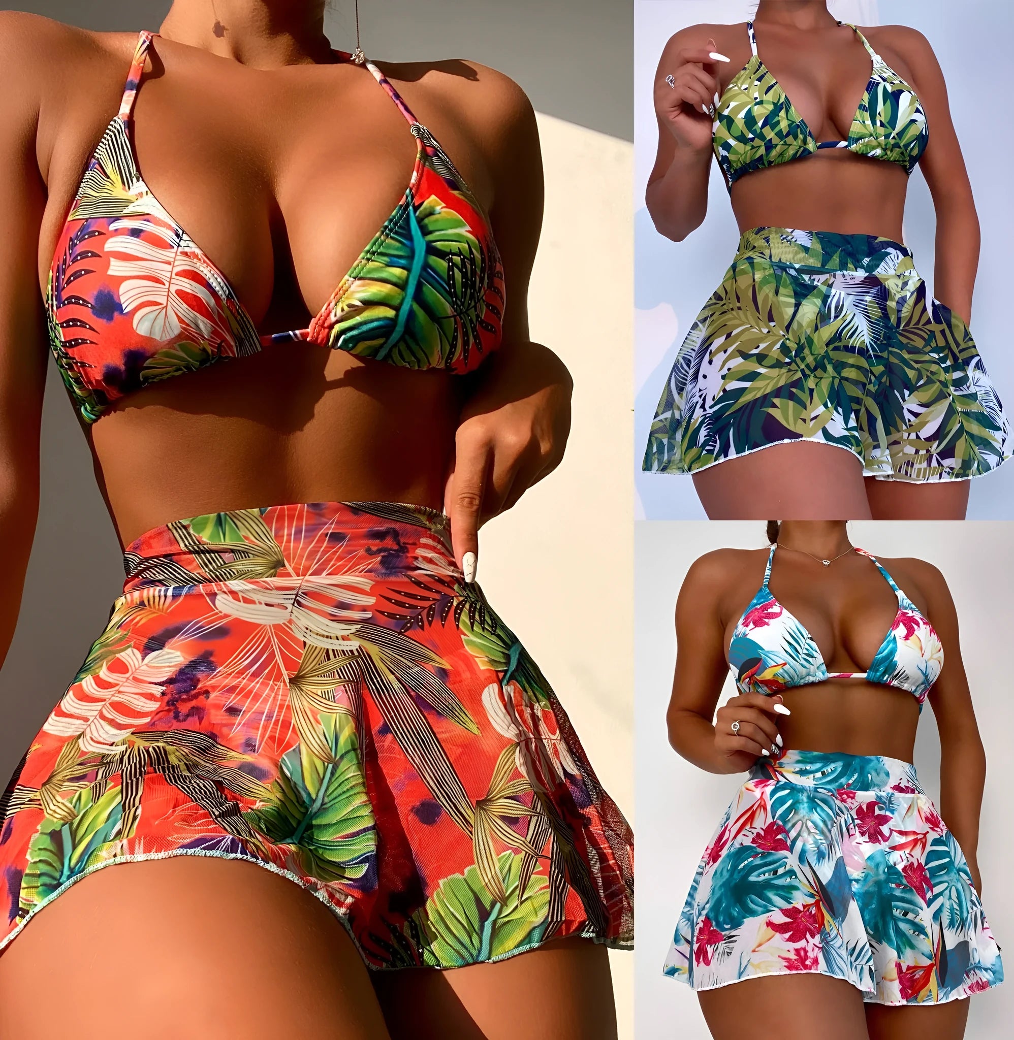 Big flower leaf print three piece swimsuit bikini set in polyester fabric