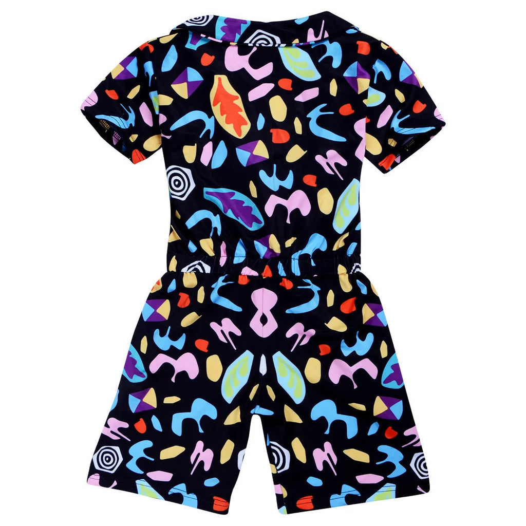 Girls cotton cartoon short sleeve jumpsuit in black, available in six height sizes from 120cm to 170cm