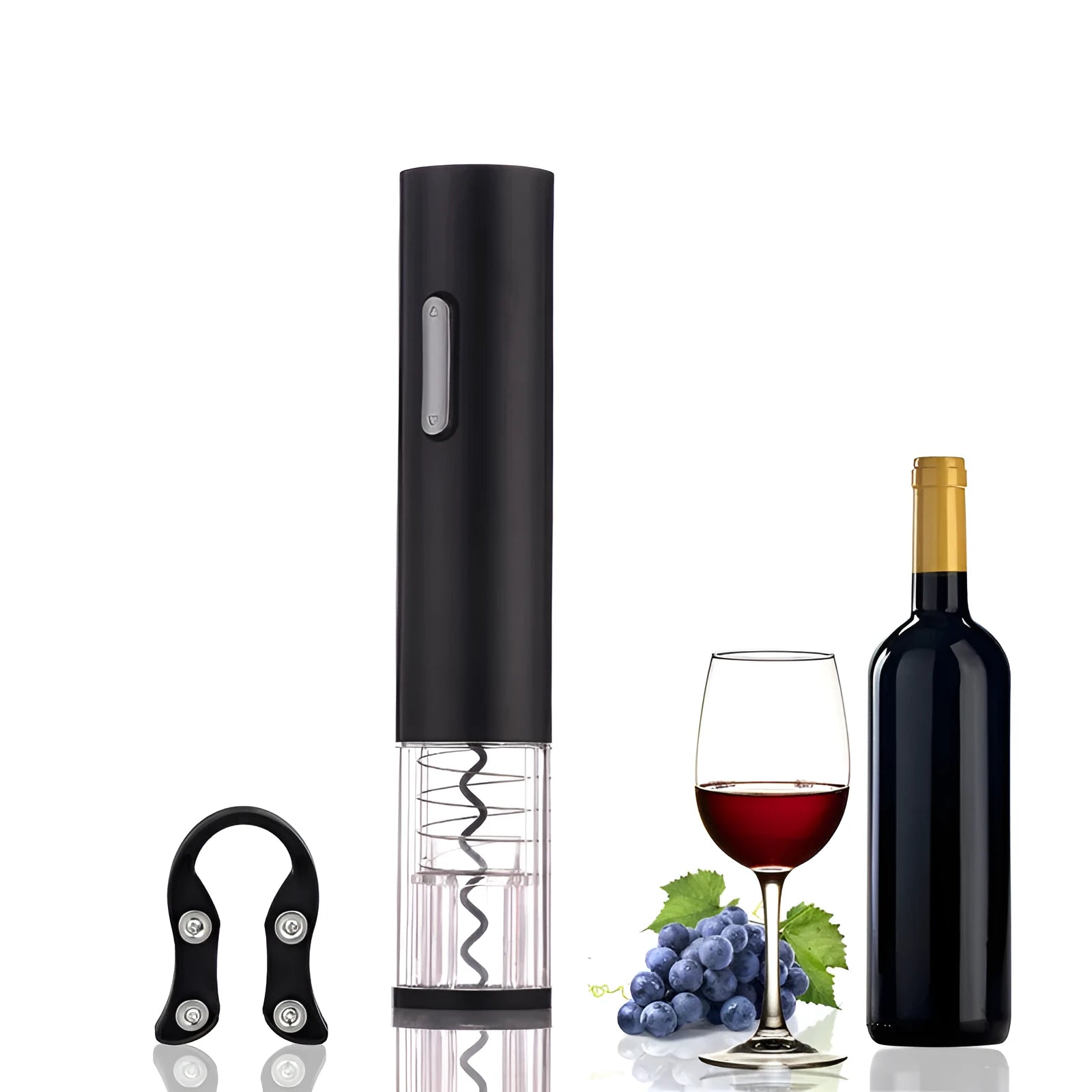 Black automatic electric wine bottle opener with foil cutter on a wooden table