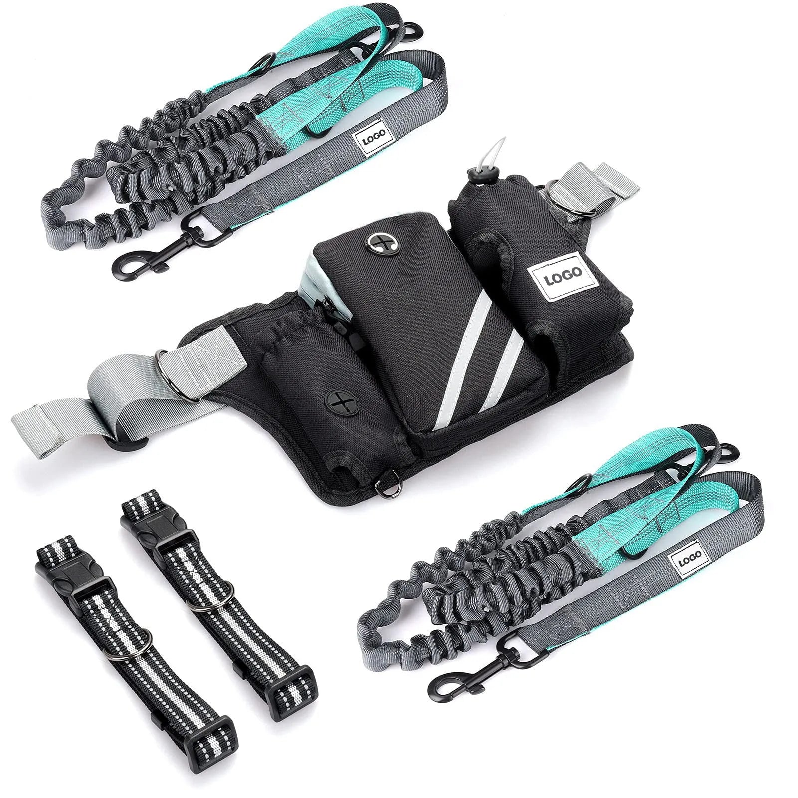 Black nylon dog walking waist bag with attached leash and collar for outdoor training
