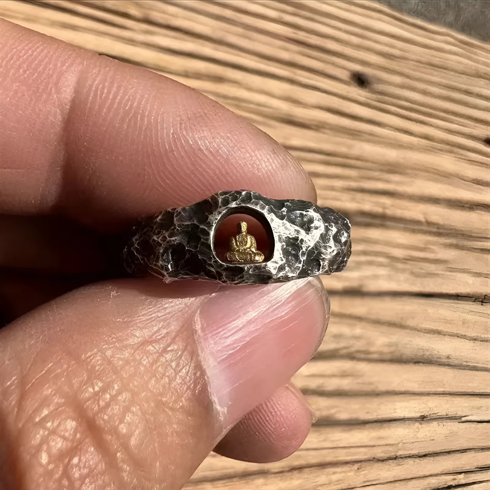 Hand-forged copper Grotto Buddha ring with rock texture finish, size UK 8.