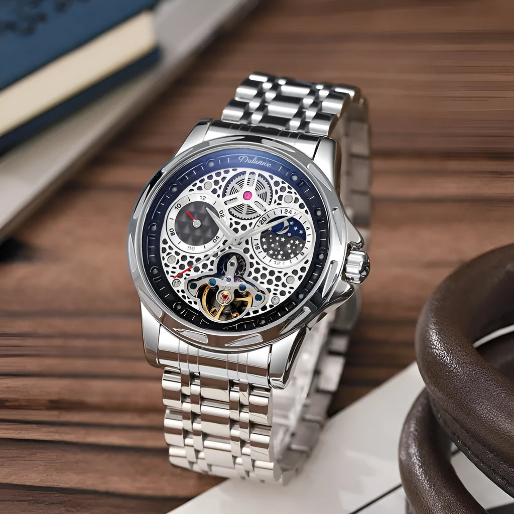 Men's waterproof automatic watch with luminous hands on steel bracelet, black dial, 13mm thick