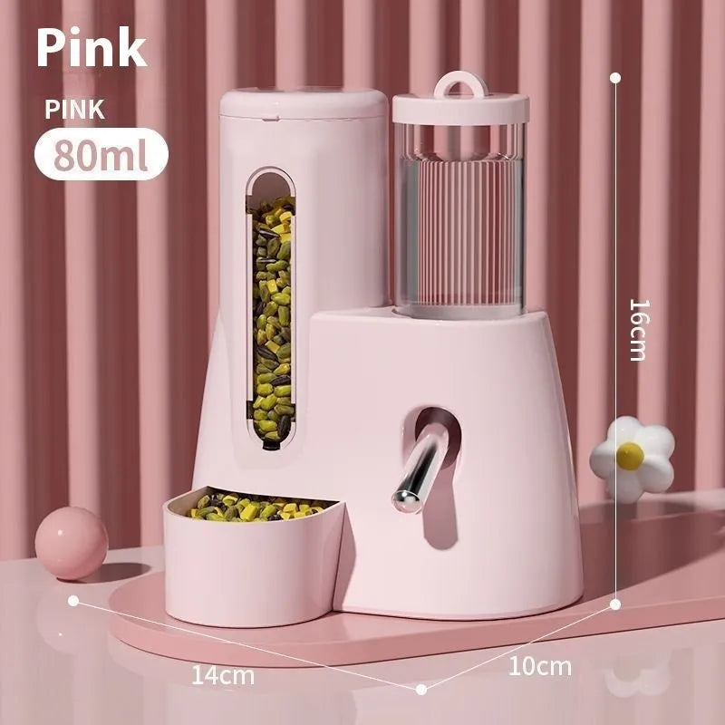 A white, blue, or pink plastic automatic water feeder and food basin for hamsters, available in large or small size.