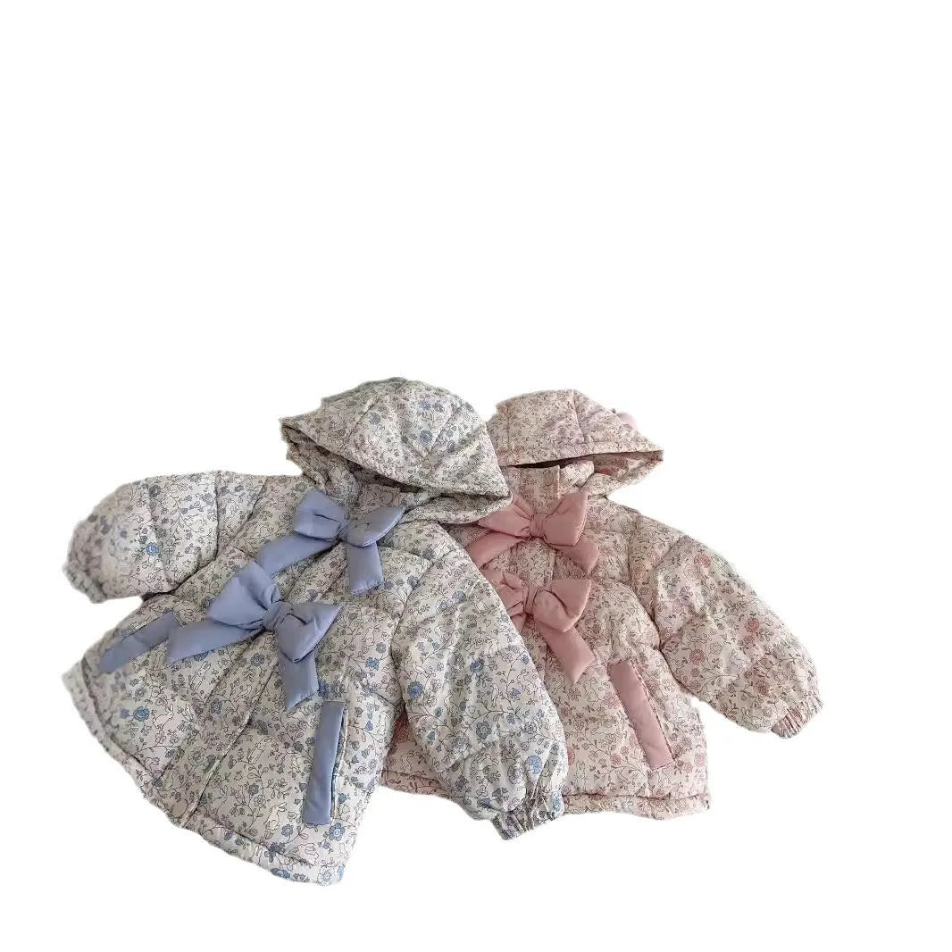 Baby girl floral print hooded winter jacket with bow in blue and white porcelain blue colour