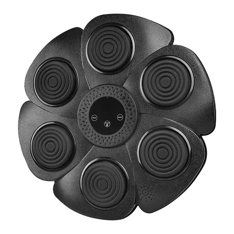 Black smart music boxing machine wall target with Bluetooth, LED lights, and included half-finger boxing gloves.