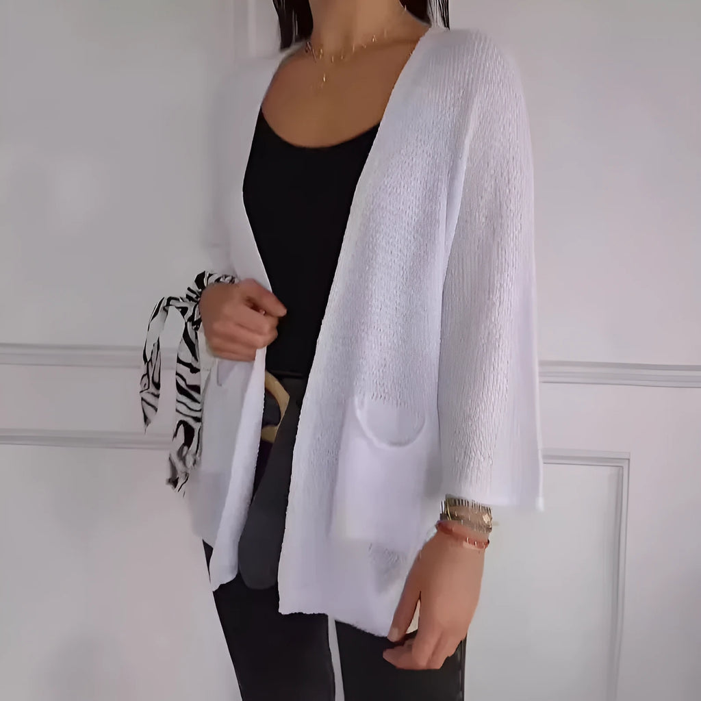 Women's waffle-textured polyester cardigan coat with nine-quarter sleeves in army green colour