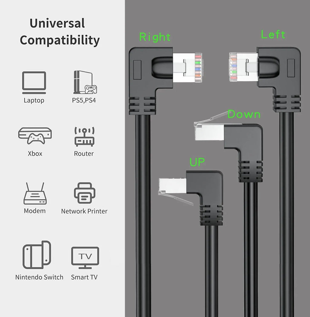 Right-angled Cat6 Ethernet cable with metal connector in various colours including black, red, and yellow.