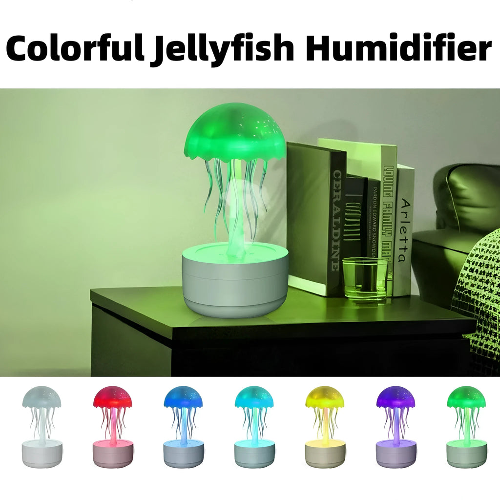 White jellyfish humidifier diffuser with colourful night light on desktop