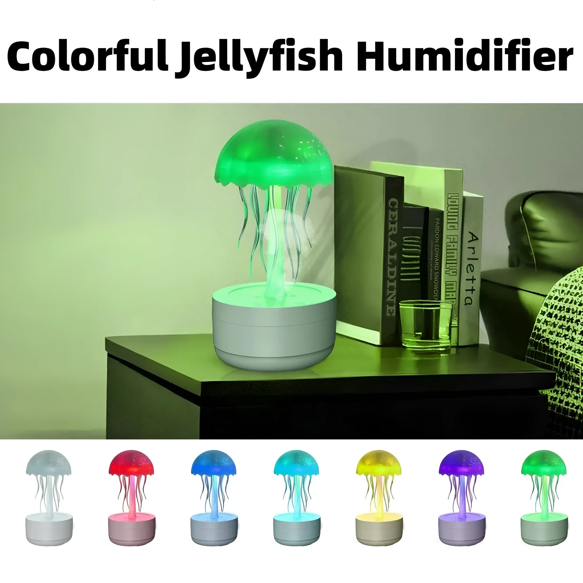 White jellyfish humidifier diffuser with colourful night light on desktop