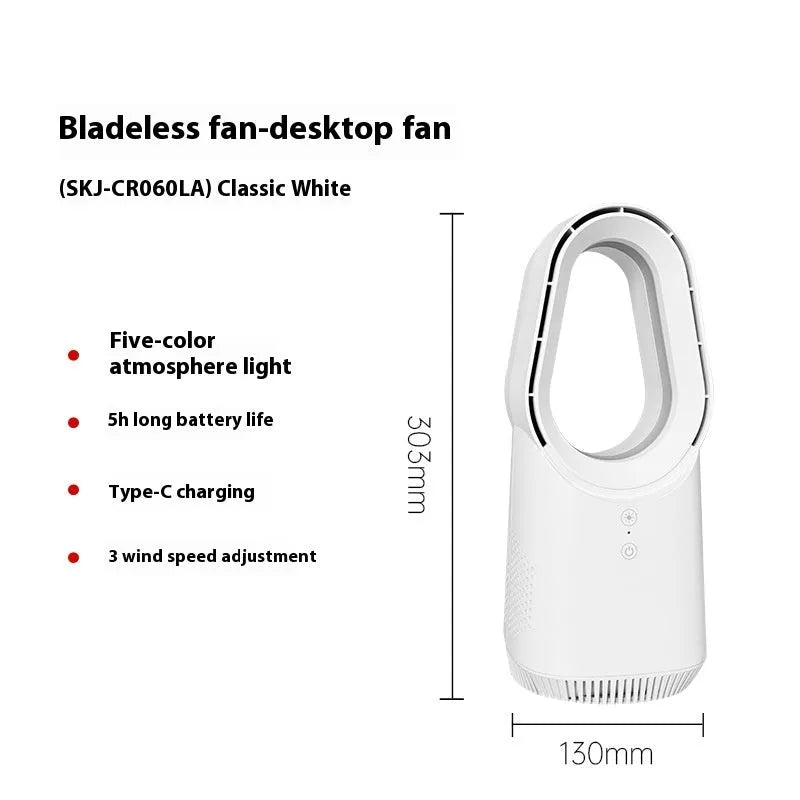 White bladeless tower fan with touch screen controls and remote control