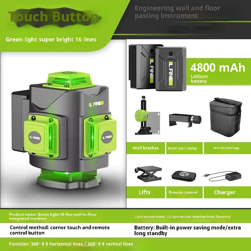 16-line 3D green laser level with aluminium and nylon construction measuring 11×13.5×13.5cm