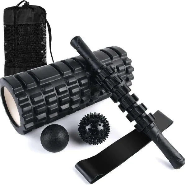 Black foam massage roller with six segments, 33 cm length