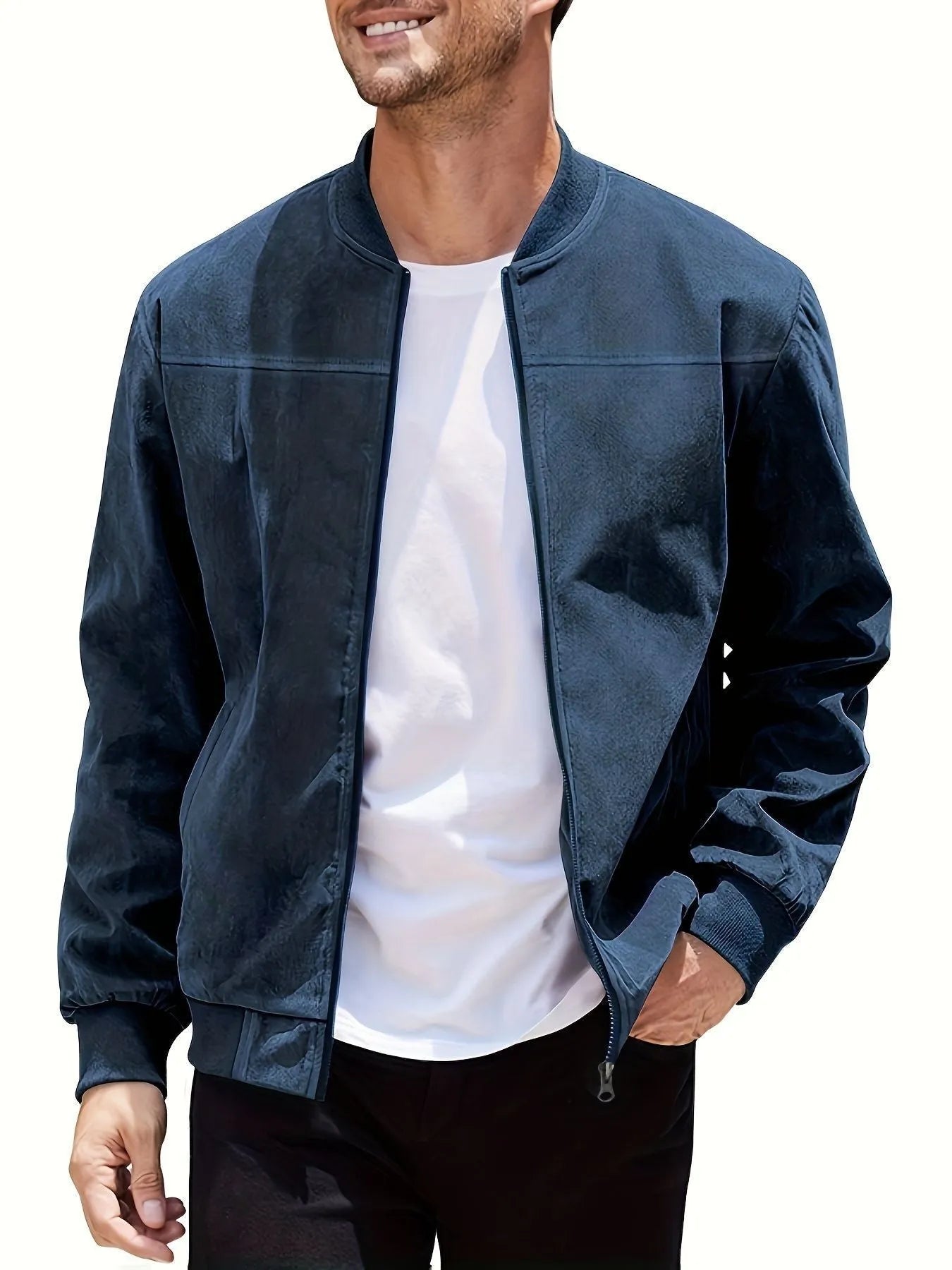 Man wearing a men's plus size suede casual jacket in army green with a zipper front.