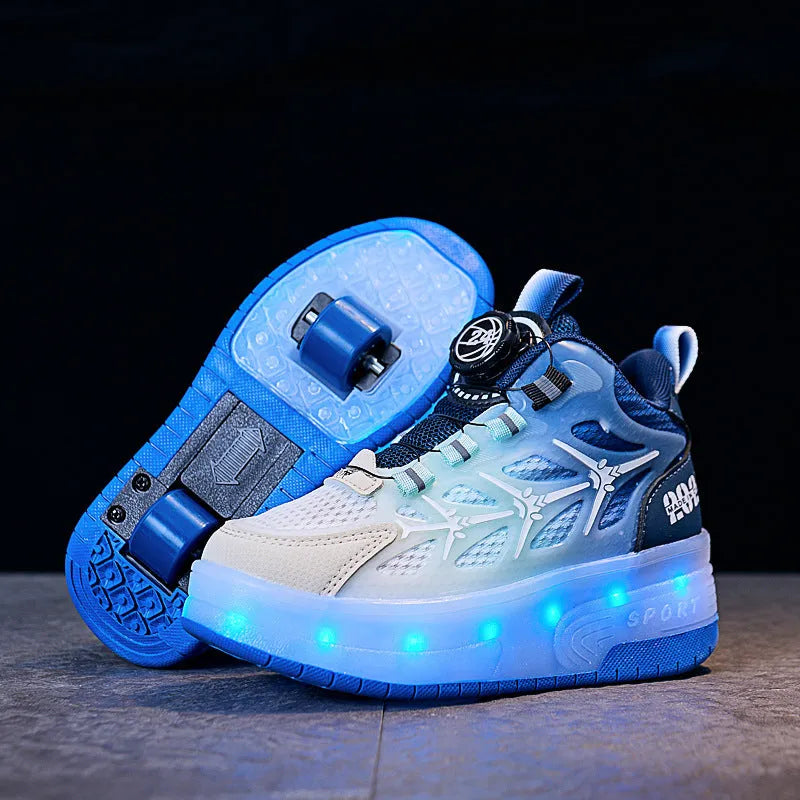 Children's striped roller skates with knob closure system in blue, black, or pink colours