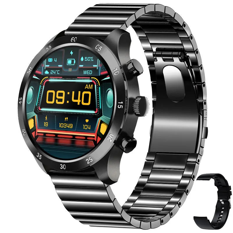 Apple iOS smart watch with Bluetooth calling on wrist, showing bamboo steel strap option.