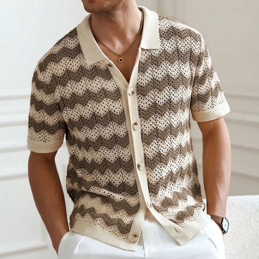 Tencel short sleeve sweater with hollow jacquard corrugated pattern in blue colour