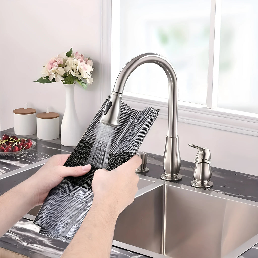 Non-slip PVC place mat in modern simple style, showing gradient bamboo black colour option on a kitchen counter.