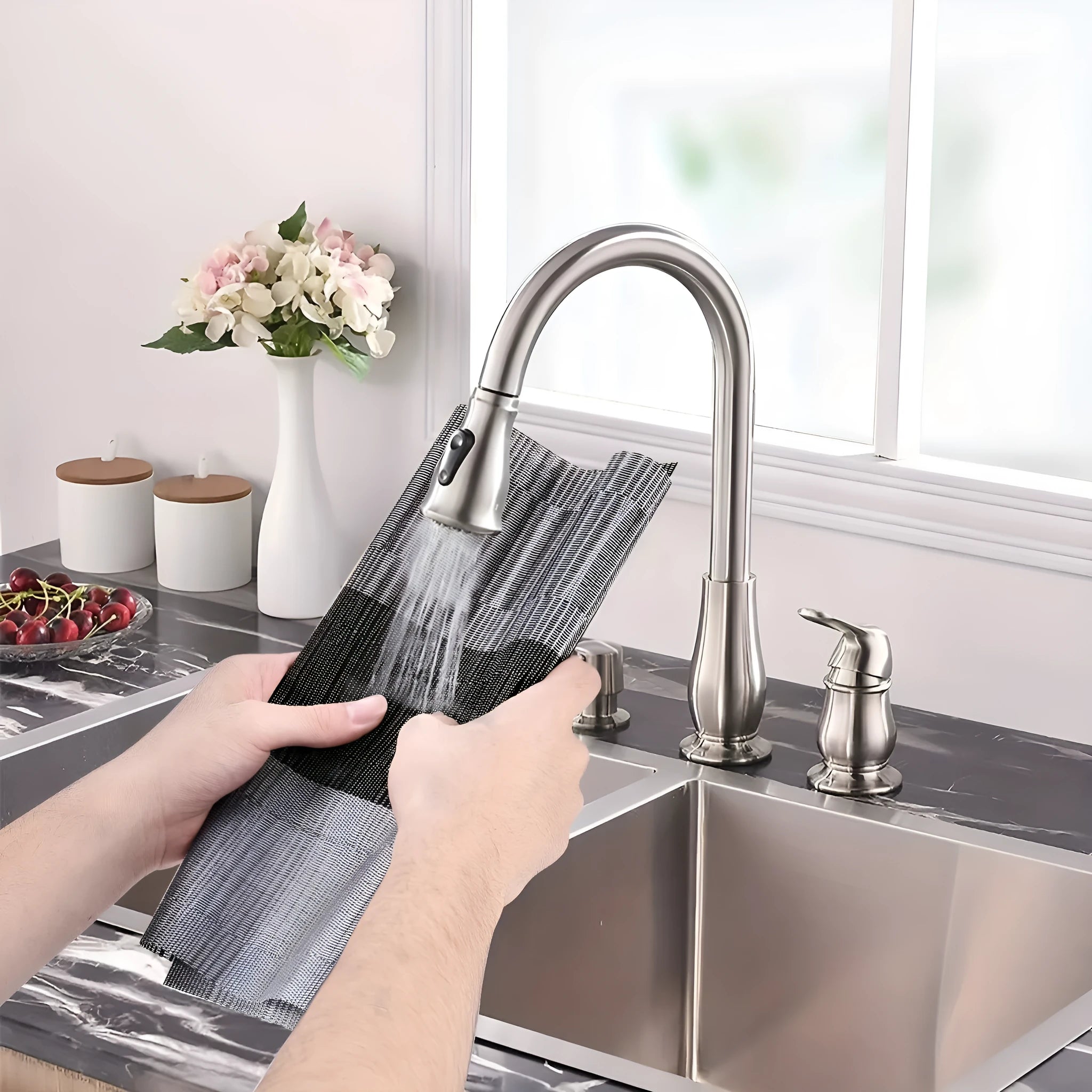 Non-slip PVC place mat in modern simple style, showing gradient bamboo black colour option on a kitchen counter.