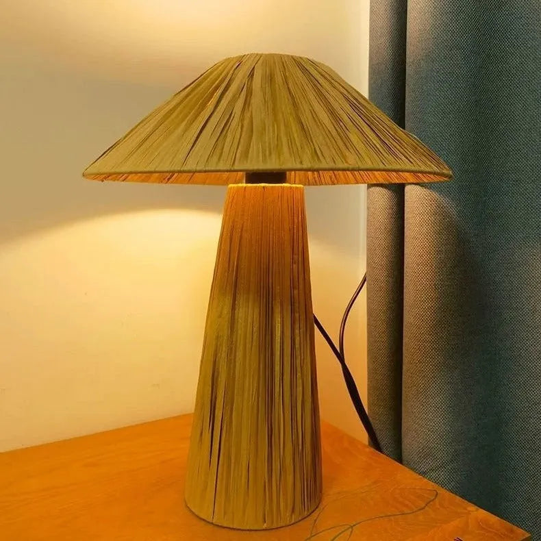 Japanese-style hand-woven rope table lamp with bamboo hat shade, 38cm diameter, tri colour dimmable