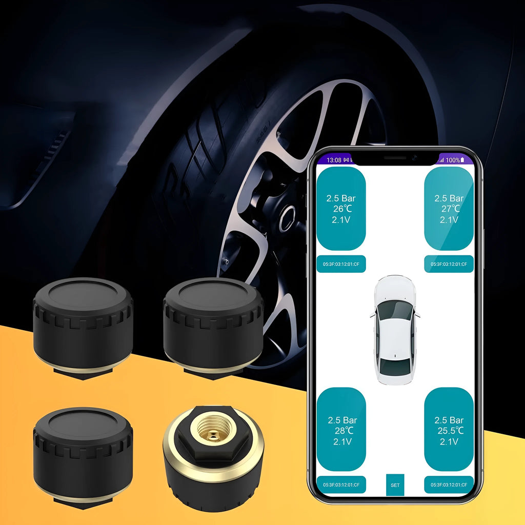 Car tyre pressure monitoring system with four Bluetooth sensors for mobile phone display