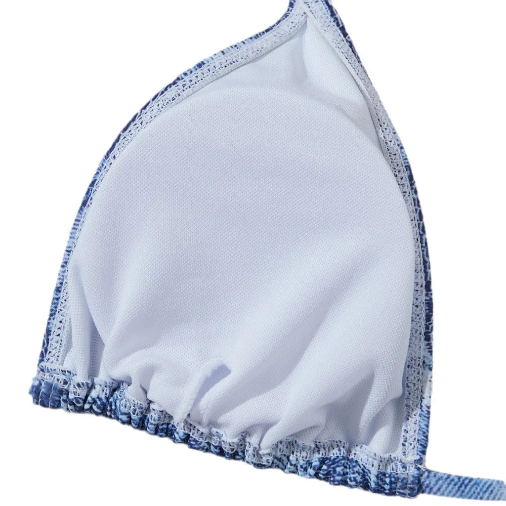 Women's denim blue printed bikini swimsuit with sexy strap design