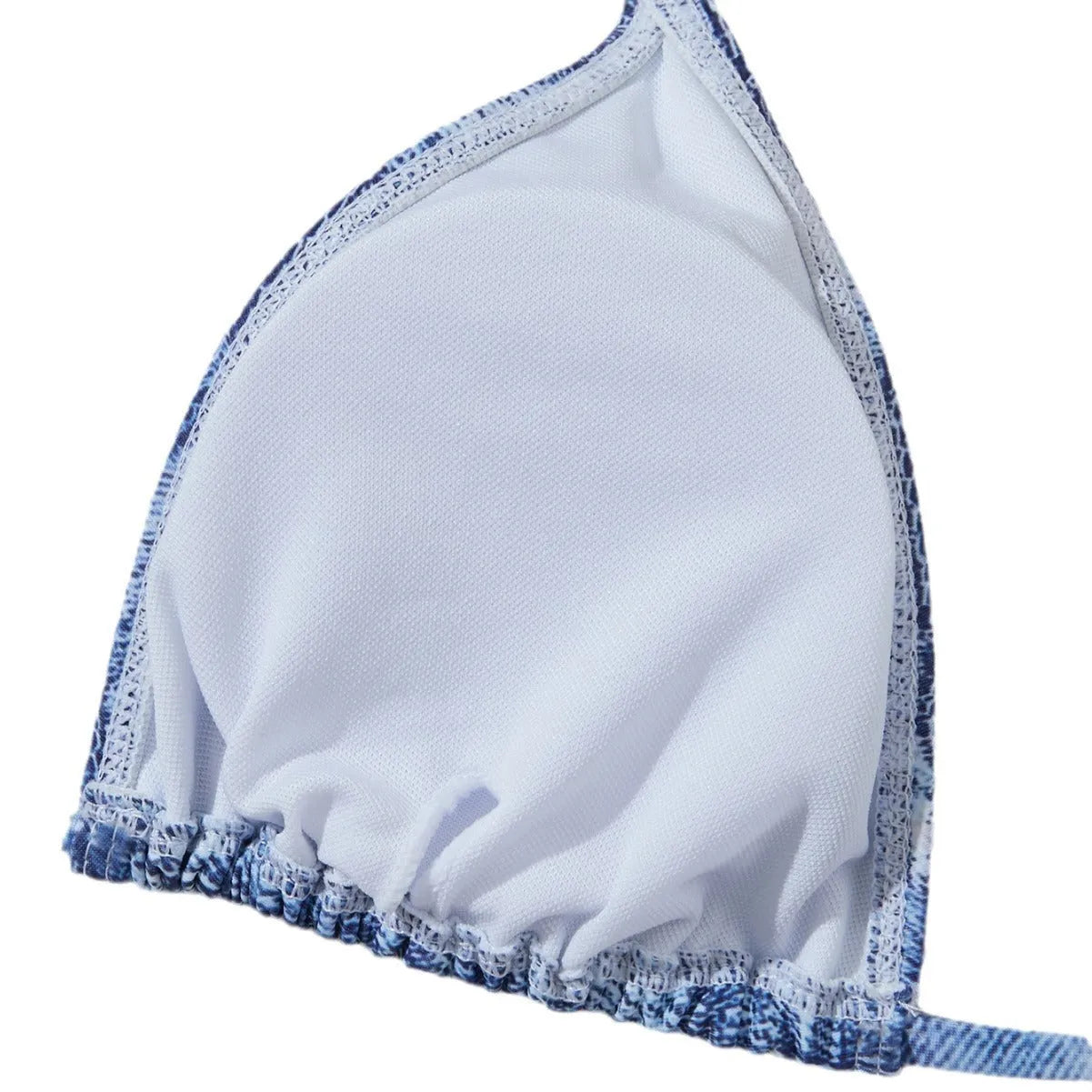 Women's denim blue printed bikini swimsuit with sexy strap design