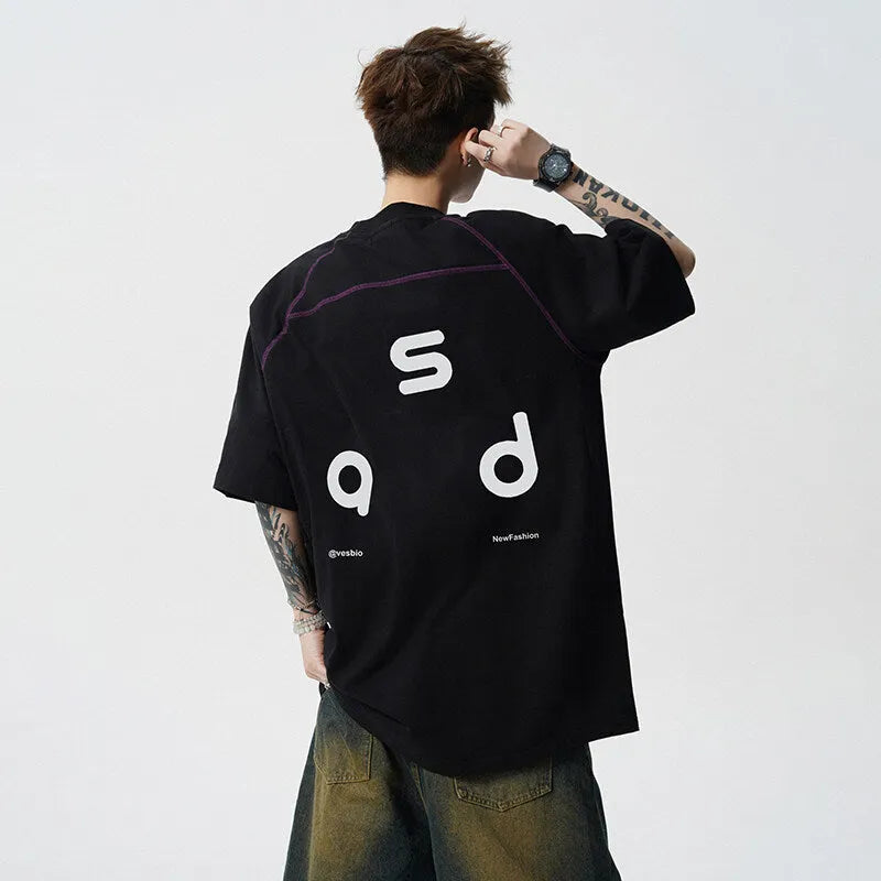 Cotton loose fit t-shirt with letter print design on front, showing round neck and short sleeves
