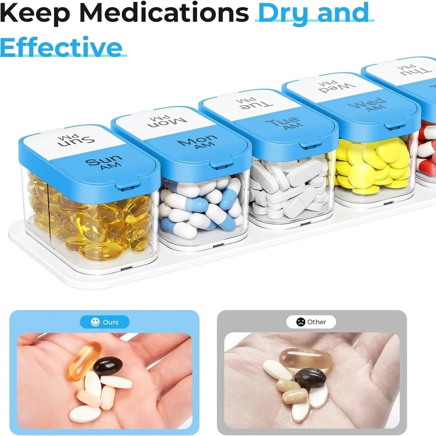 Large white and rainbow coloured plastic pill organiser box with 14 removable compartments and a dustproof lid.