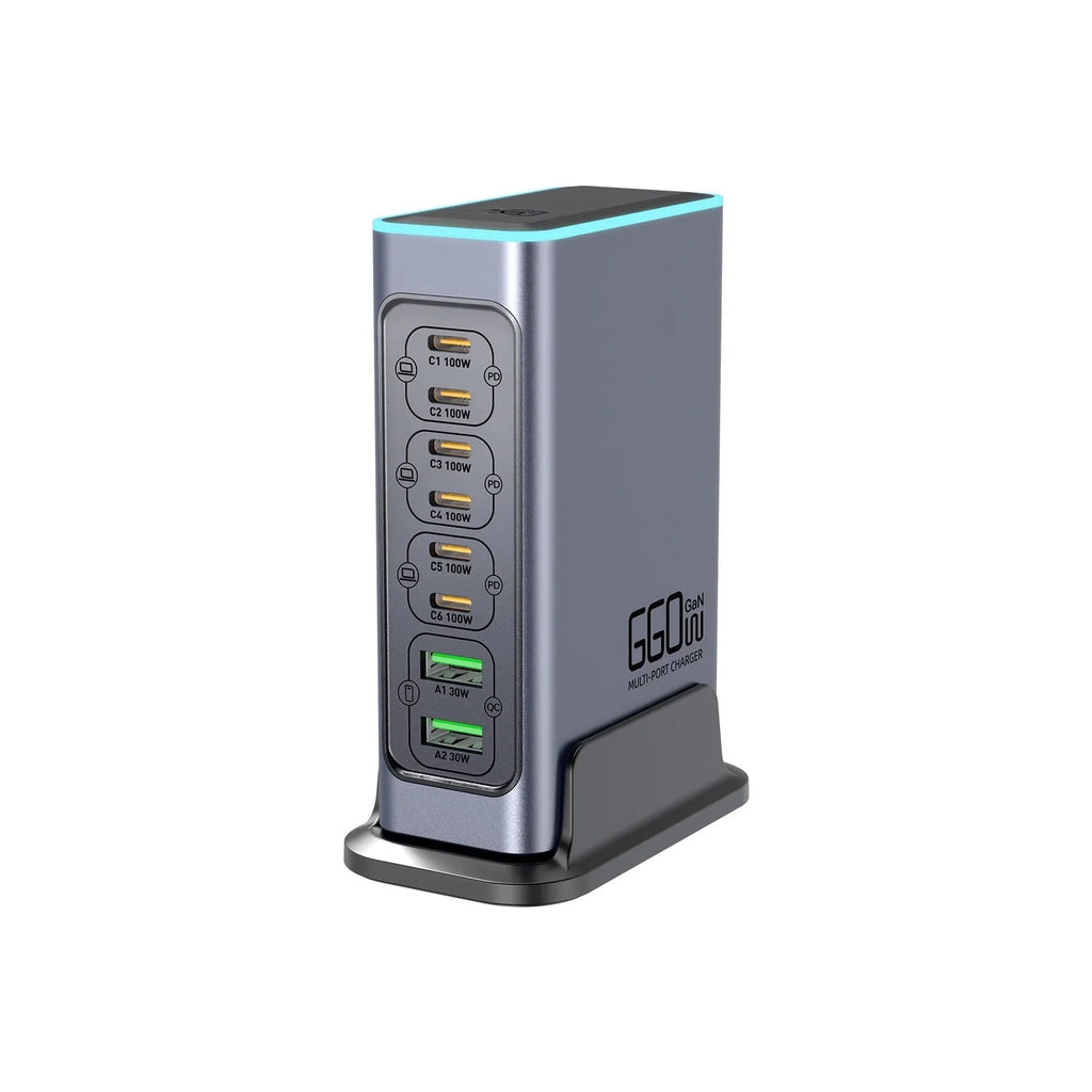 660W Gallium Nitride desktop fast charger with four USB-C ports and UK, EU, US, AU plug heads.