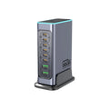 660W Gallium Nitride desktop fast charger with four USB-C ports and UK, EU, US, AU plug heads.