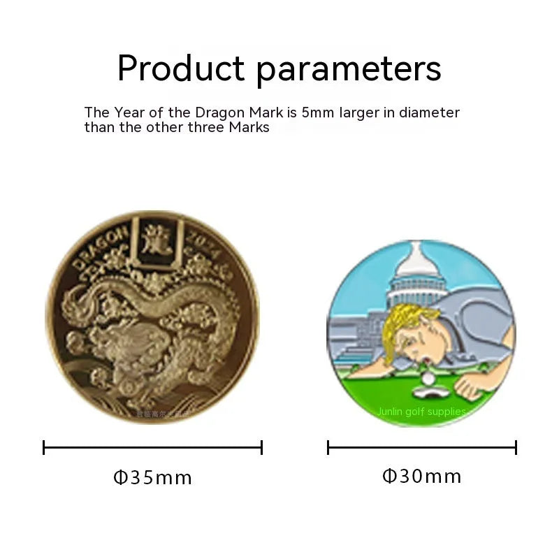 Zinc alloy golf hat clip with engraved Dragon Year design on a cap brim.