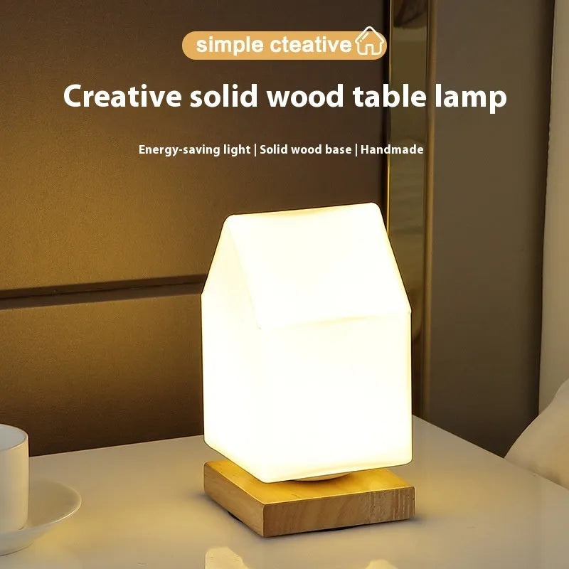 Nordic solid wood flower-shaped USB table lamp showing touch dimming and choice of cube or cylinder white light shapes.