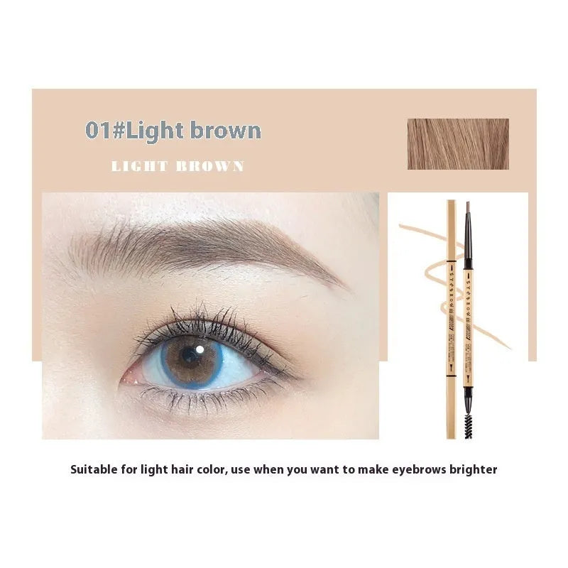 Gold ultra-fine eyebrow pencil shown in five shades: light brown, kaki brown, dark brown, grey black, and black