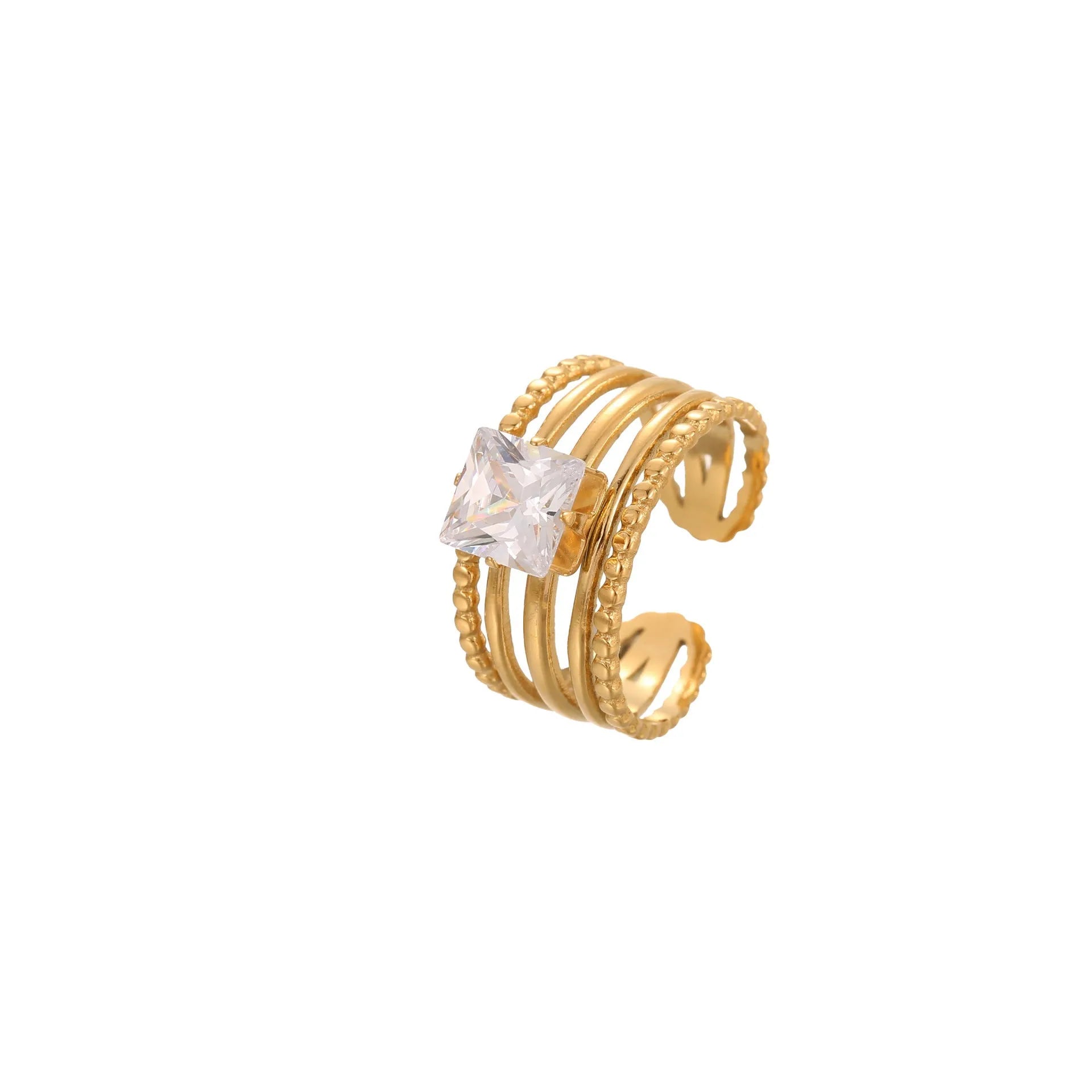 Gold-plated geometric stainless steel ring with inlaid zircon stones on a white background.