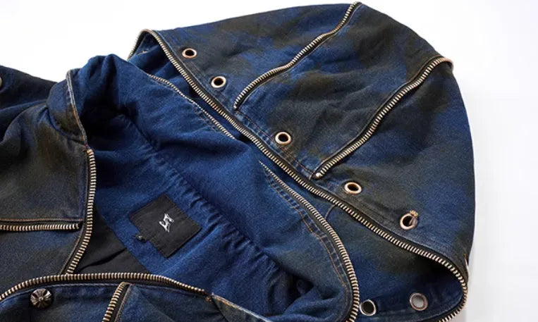 Blue hooded denim vest coat with matching trousers men's casual outfit set Korean style