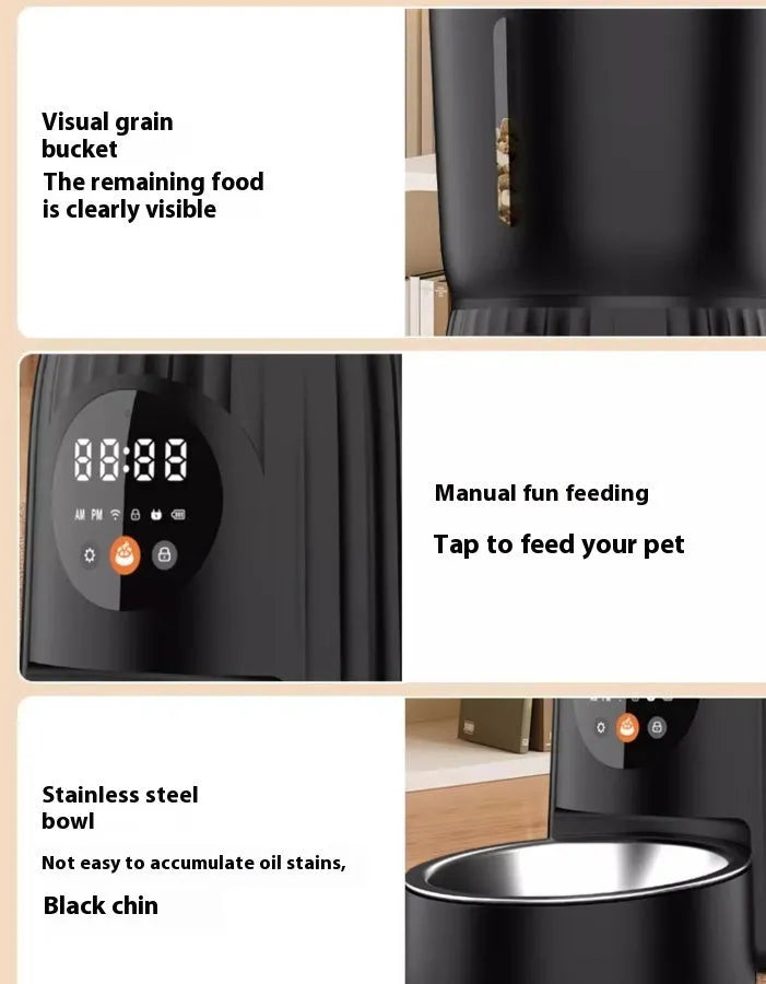 Black and white automatic pet feeder with mobile app remote control and USB power connection