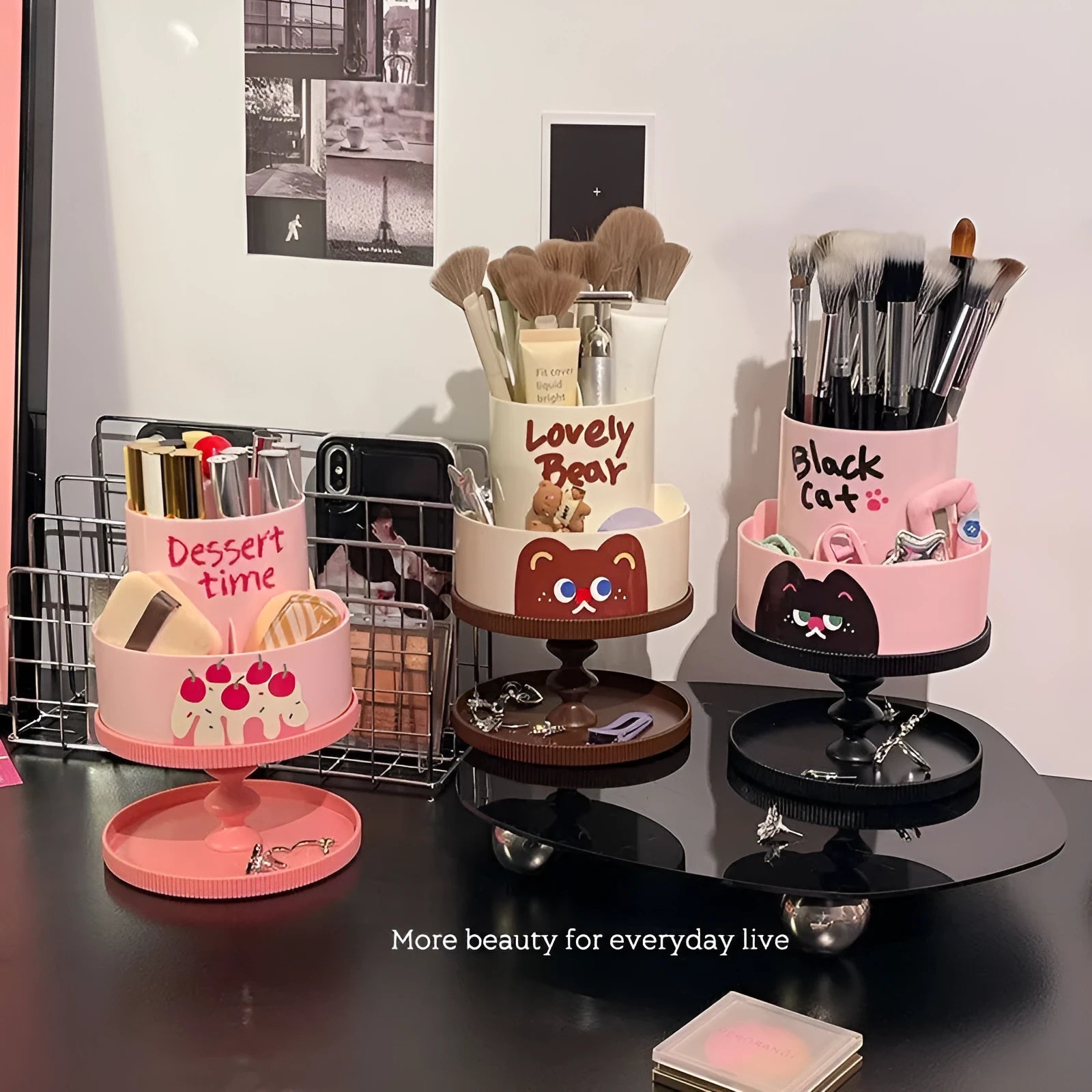 Rotating cosmetic brush storage barrel with Japanese-style design in beige colour showing 18L capacity