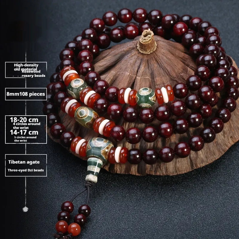 Men's rosewood bracelet with 108 beads showing lapis lazuli stone design option
