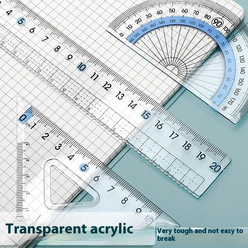Youpai transparent acrylic ruler set with square and protractor on lined paper.