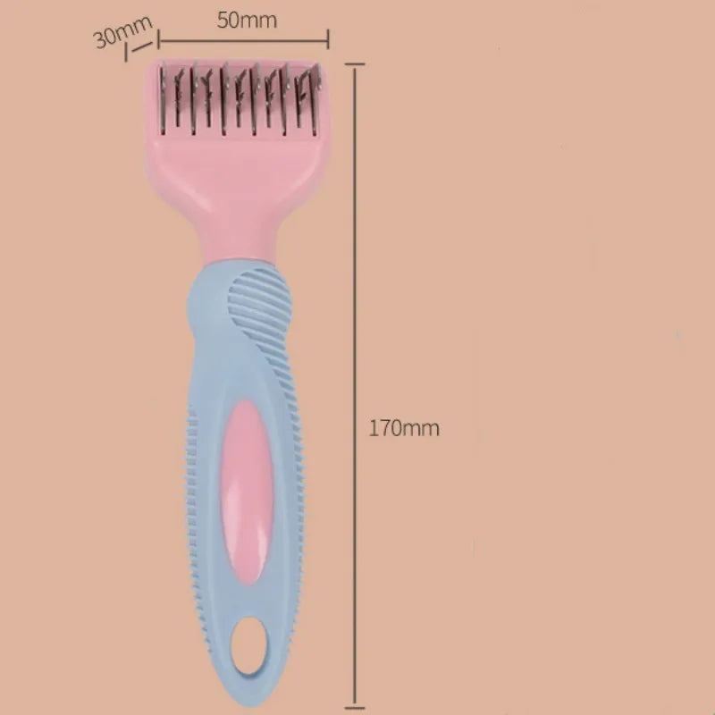 Pink stainless steel pet grooming comb with knot knife on a 170mm long handle.