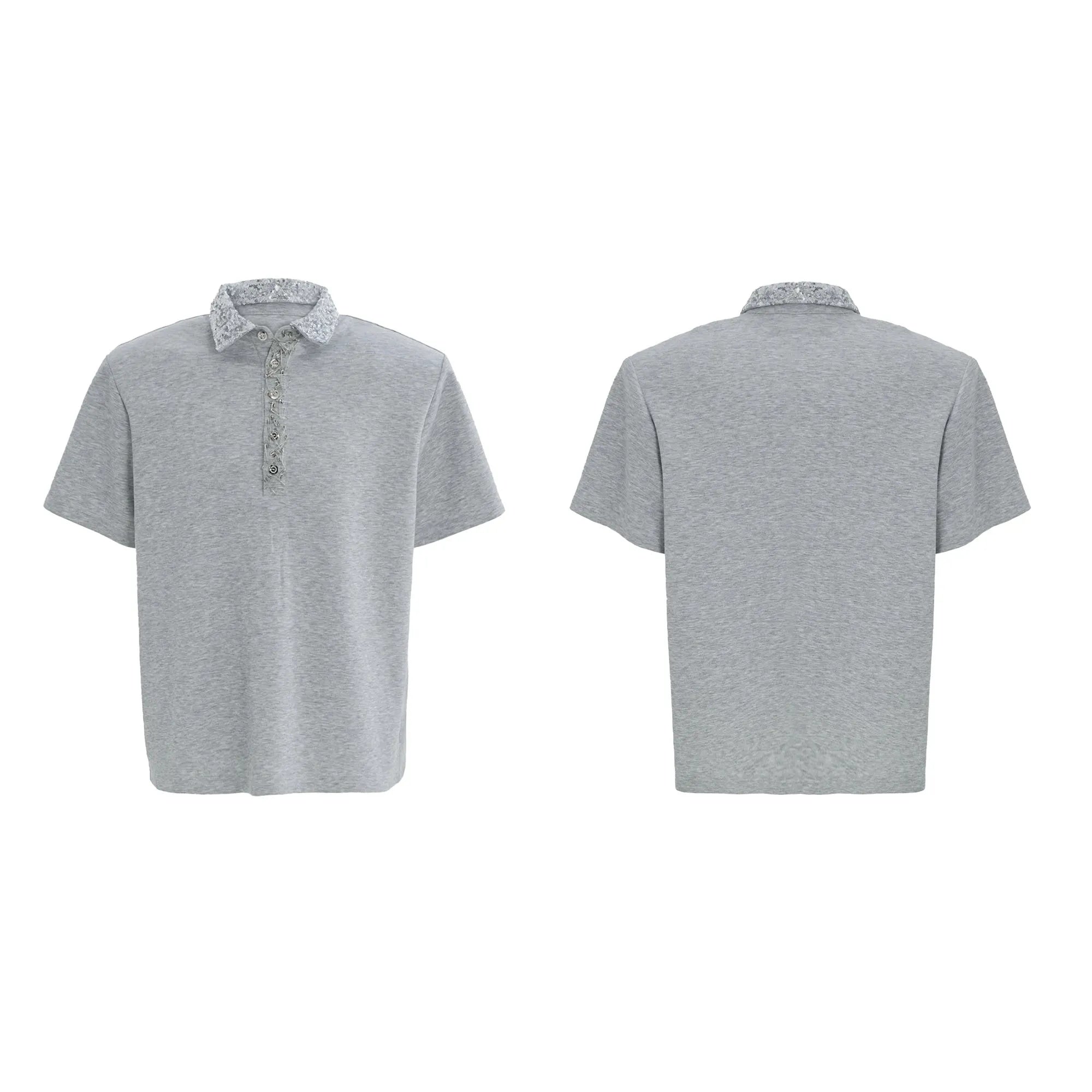 Men's black loose fit square collar polo shirt with embroidered sequin pattern and short sleeves
