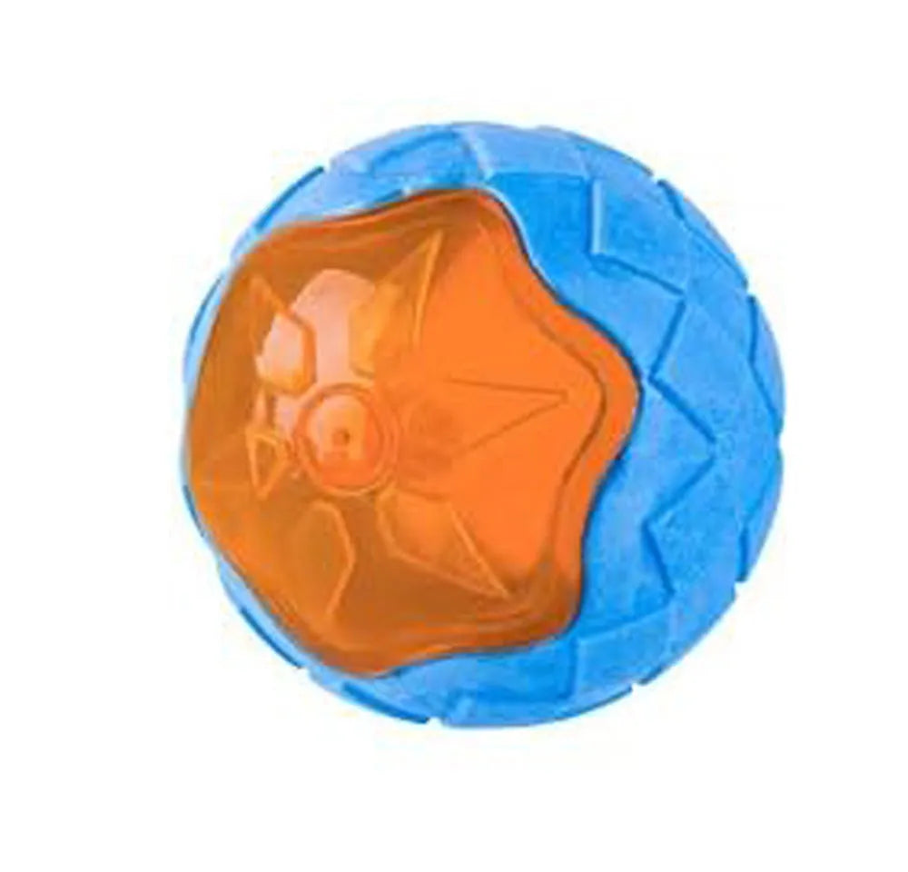 Set of three floating TPR dog toys: a blue ball, an orange barbell, and green tyres on a pool edge.