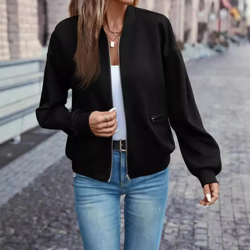 Black women's casual zip jacket with long sleeves and faux pockets