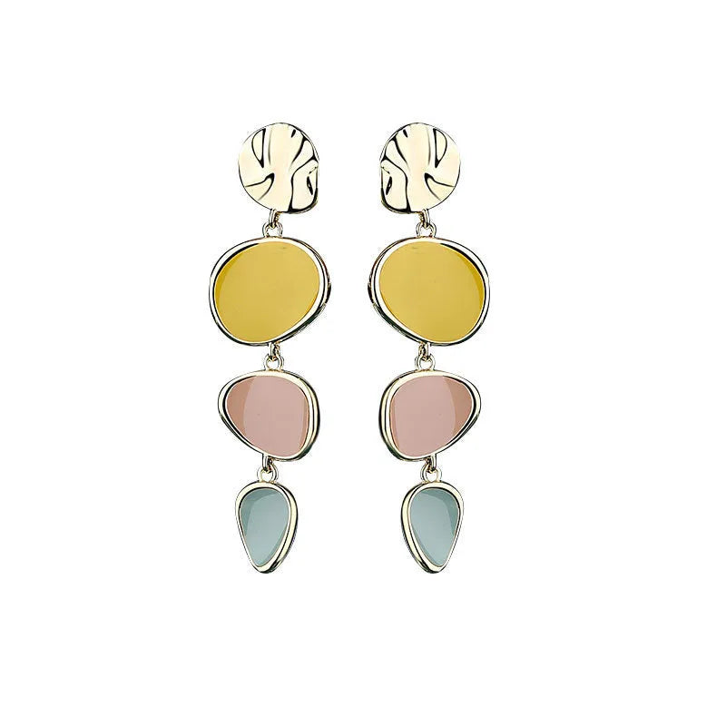 Morandi three-colour alloy wafer earrings with dripping oil treatment and vintage needle design