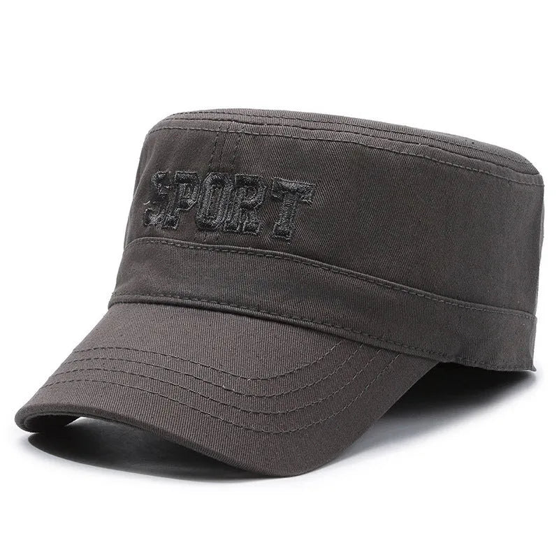 Men's flat-top peaked cotton cap in army green with adjustable strap and English letter detail